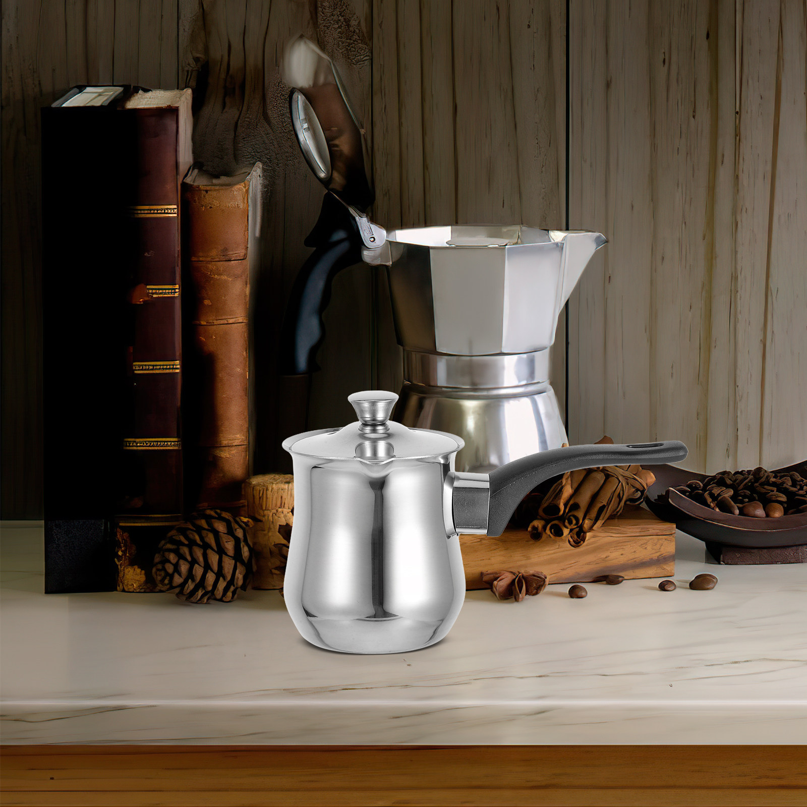 Coffee Tea Pot - หม้อต้มกาแฟสแตนเลสแบบตุรกีขนาด 360 มล. พร้อมเหยือกตีฟองนม หม้อละลายเนยขนาดเล็ก หม้อต้มกาแฟสำหรับเตาแก๊ส