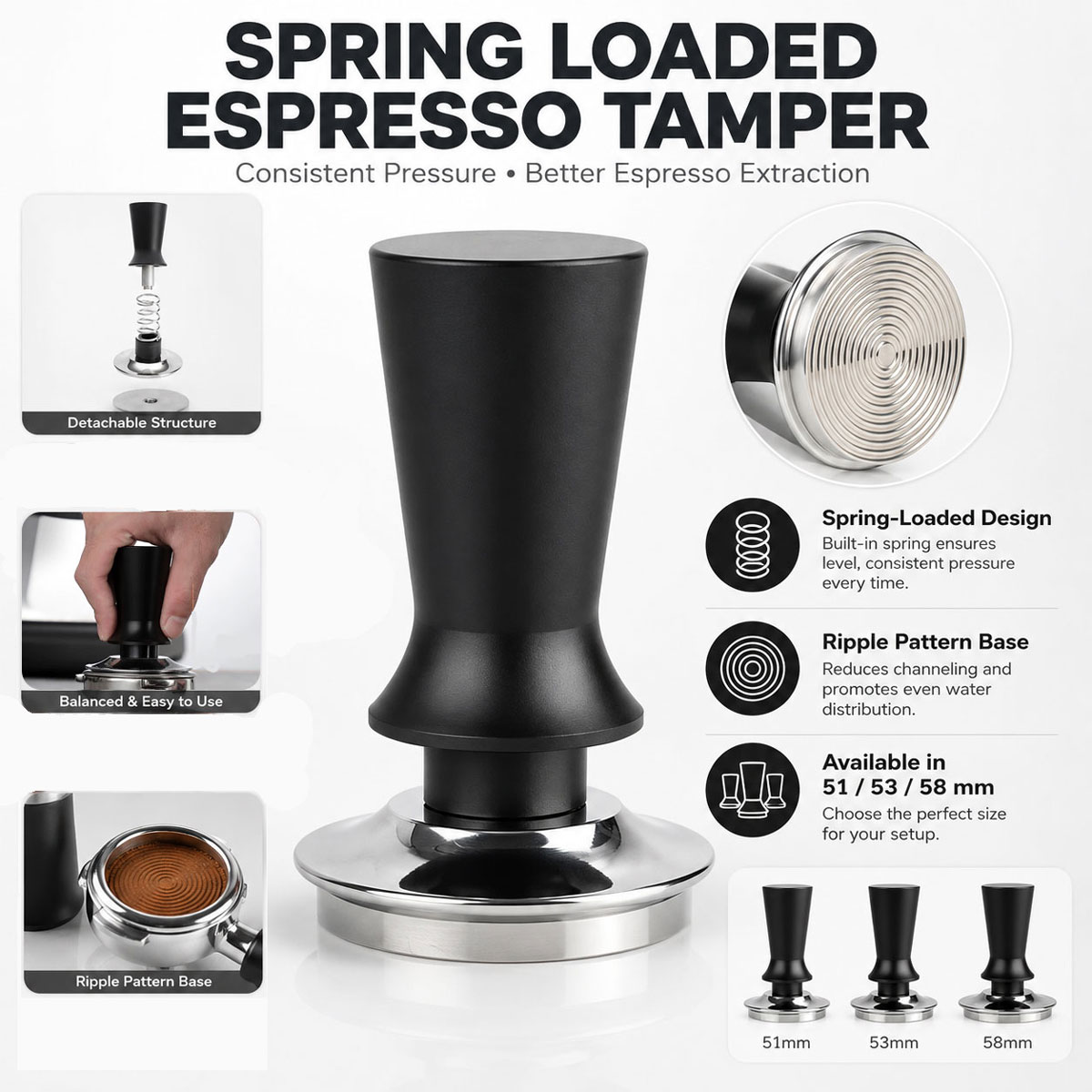 Coffee Tamper Leveler - 1 ชิ้น ที่กดกาแฟขนาด 51/53/58 มม., อุปกรณ์กดกาแฟ,