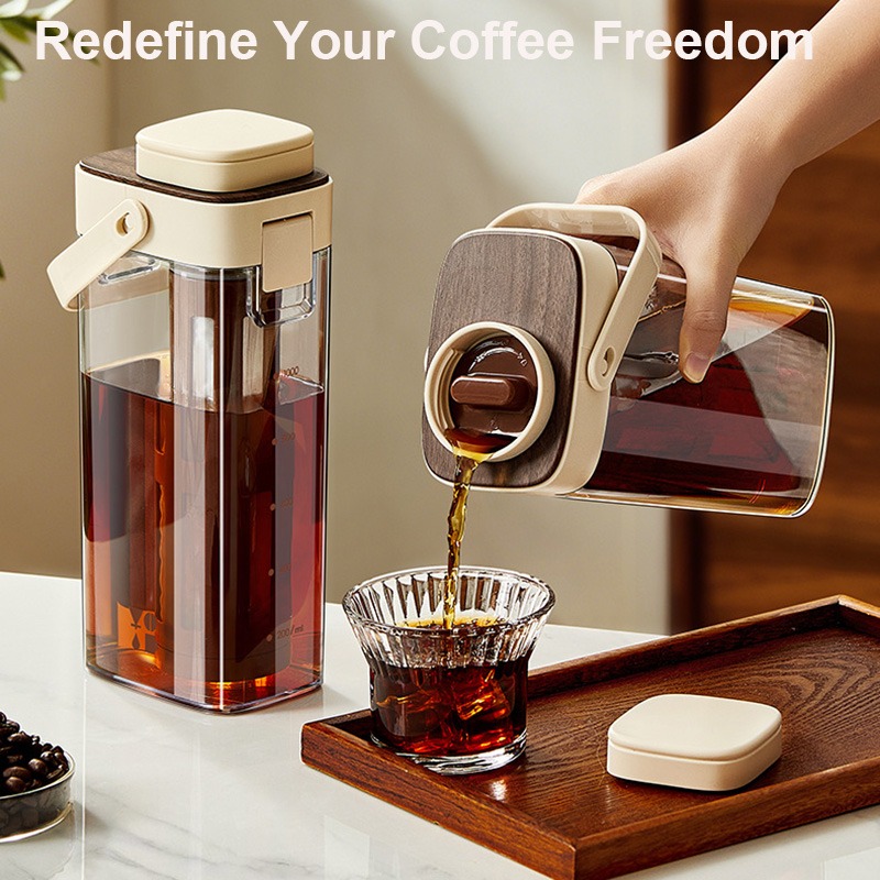 Coffee Tea Pot - เหยือกชงกาแฟสกัดเย็นแบบปิดผนึกป้องกันการรั่ว สำหรับชงกาแฟเย็นแบบพกพา พร้อมที่กรองชา สำหรับเก็บในตู้เย็นแบบตั้งตรงหรือวางราบ